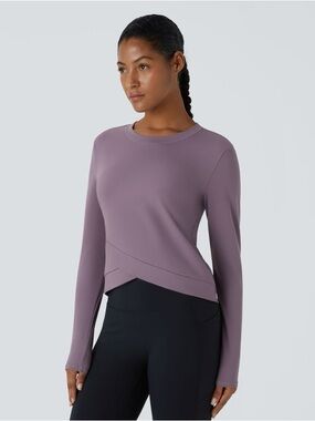 Halara SoftlyZero™ Plush Round Neck Crossover Hem Yoga Sports Top Tulip Purple M